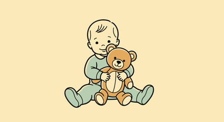 Illustration of a baby sitting and hugging a teddy bear, creating a heartwarming scene.