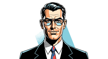Illustration of a man wearing glasses, a suit, and a tie, against a white background with a blue accent.