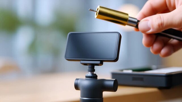 Hand holding gold RCA connector above small black digital camera screen, modern technology device setup, indoor workspace with creative atmosphere, smartphone tripod, professional equipment