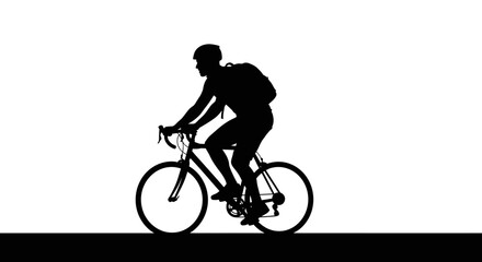 Obraz premium Silhouette of a cyclist riding a bicycle, carrying a backpack, against white background.