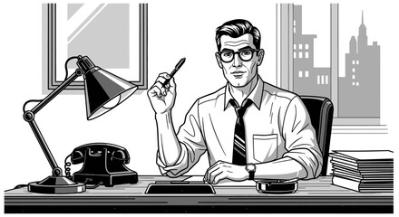 A suited man sits at desk, holding pen, in a monochrome office setting.