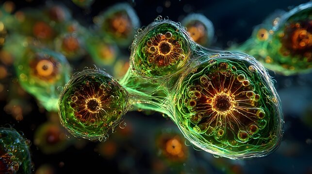 Microscopic view of glowing, interconnected biological cells.