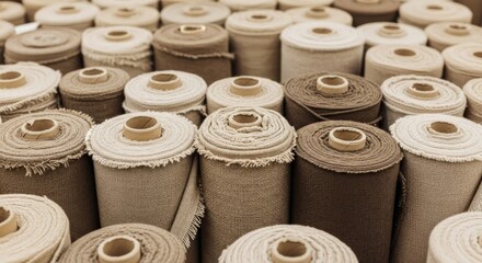Rows of fabric rolls, stacked high, textured cloth, neutral colors, perspective