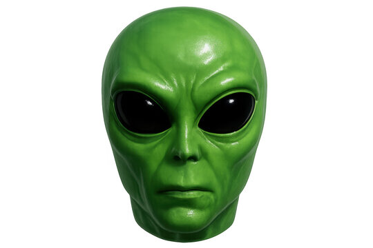 Alien head with typical grey visitor features and green skin. Extraterrestrial creature isolated, ready for compositing