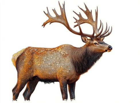 large elk with impressive antlers standing and looking to the side with a textured fur pattern on a white background