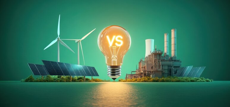 Conceptual illustration of renewable energy with wind turbines and solar panels on one side contrasted with a fossil fuel power plant on the other, separated by a glowing light bulb marked VS