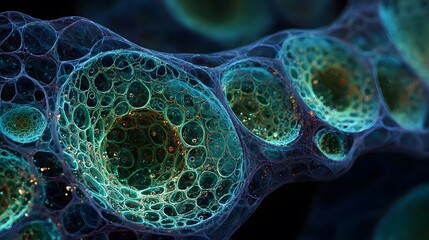 Microscopic cellular structures exhibit intricate organic patterns in deep blue and green hues.