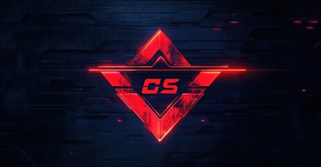 Bright red glowing geometric symbol with the letters 'CS' centered on a dark textured futuristic background with horizontal light streaks