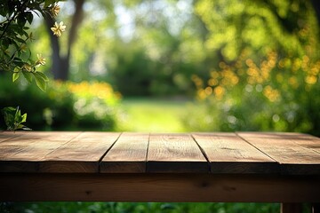 Close-up of rustic wooden table in garden with soft focus green and yellow foliage background and small delicate yellow flowers hanging from a branch