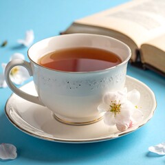 A filled teacup rests on a saucer with a flower, near a book on blue surface