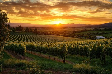 Fototapeta premium sunset over lush vineyard rows with golden light illuminating rolling hills and dramatic clouds in the sky