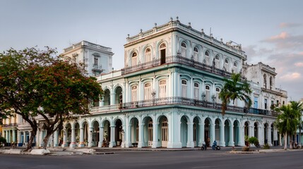 Obraz premium Ornate classical architecture stands along a street corner under a pale sky