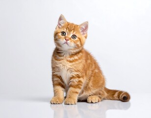 Obraz premium Adorable Orange Kitten Portrait on White Background Looking Upwards