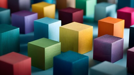 Obraz premium Numerous brightly colored geometric cubes are arranged in a close up perspective