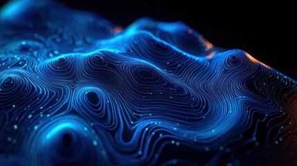 Abstract undulating terrain composed of glowing blue contour lines with small light dots creating a futuristic and digital topographic effect