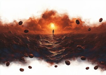 A solitary figure walking toward a bright orange sun on a textured dark rocky landscape under a dramatic sky with scattered large coffee beans floating around