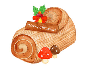 水彩手描きイラスト ブッシュドノエル マジパンきのこ クリスマスケーキ素材 / Hand-drawn Watercolor Illustration Yule Log Marzipan Mushroom Christmas Cake Material