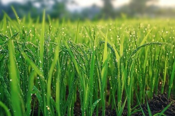 Obraz premium Close-up of fresh green rice plants with dew drops glistening in the morning light in a lush agricultural field
