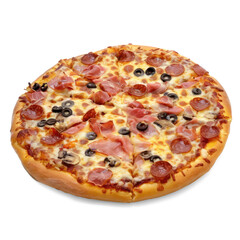 A delicious pepperoni and mushroom pizza with melted cheese on a golden-brown crust.