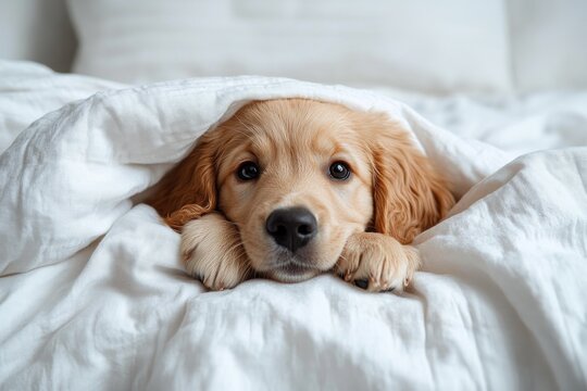 adorable golden retriever puppy lying under a soft white blanket looking directly with curious and gentle eyes