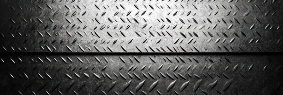 Close-up of textured dark metal surface with diamond plate pattern reflecting light