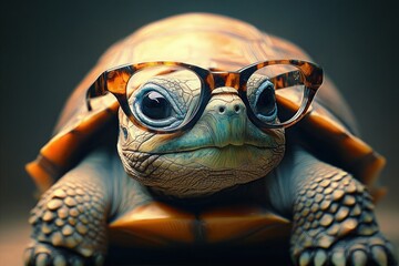 Close-up of a tortoise wearing large brown tortoiseshell glasses with a calm and curious expression