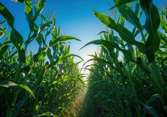 Obraz premium Low angle view of dense cornfield rows bathed in bright summer sunlight.