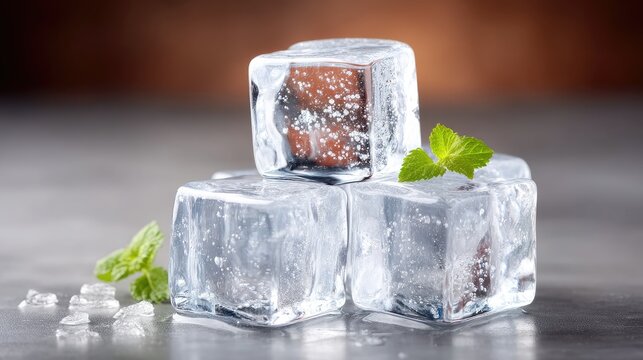 Still life photography of melting ice cubes with fresh mint leaves and water droplets on a textured surface with warm bokeh background - Powered by Adobe
