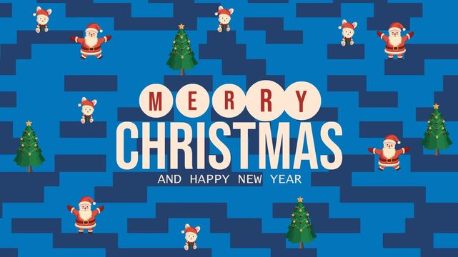 Christmas greeting animation in 4K featuring Santa Claus, Christmas trees, and rabbit on a blue geometric background. Festive looping video perfect for holiday greetings and digital displays.