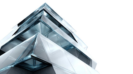 Architectural Geometry: An abstract shot of a modern glass skyscraper shows off the sleek geometry, with its precise angles and mirrored reflections creating a sense of dynamic perspective. 