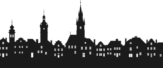 Obraz premium Old European city skyline silhouette, historical architecture vector, medieval town buildings and church towers illustration for design and decoration