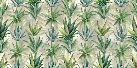 A lush pattern of various green tropical plants, showcasing vibrant shades and intricate details.