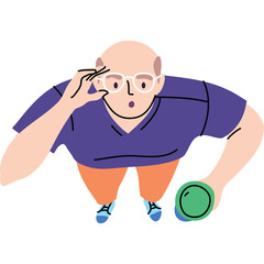 A Bald Man With Glasses And A Purple Shirt And Orange Pants Looks Upwards Holding A Green Object With A Transparent Background