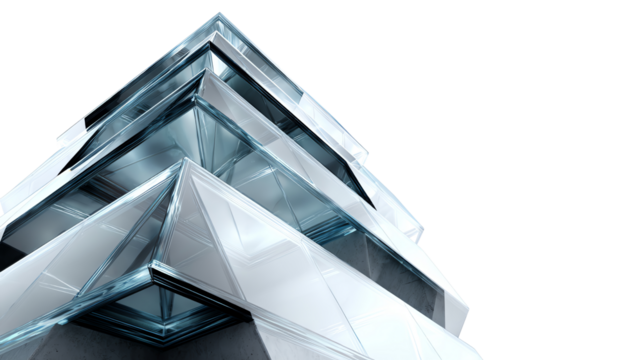 Architectural Geometry: An abstract shot of a modern glass skyscraper shows off the sleek geometry, with its precise angles and mirrored reflections creating a sense of dynamic perspective. 