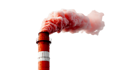 Environmental Threat: A striking image of a factory chimney spewing ominous red smoke into the air, symbolizing pollution and environmental concern.