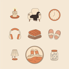 Cozy Lifestyle and Comfort Icon Grid – Warm Hygge Vector Illustration Pack
