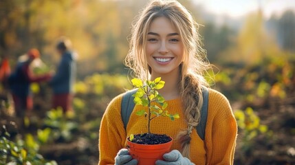 Smiling young woman in orange sweater holding a potted small tree seedling outdoors with blurred background of people and autumn forest