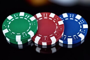 Close-up of three colorful poker chips in green, red, and blue on a reflective black surface symbolizing gambling and casino gaming