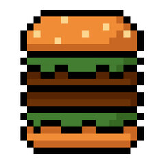 Double hamburger in pixel art style with lettuce and sesame bun isolated on white background. Ideal for use in mobile games, food themed applications, restaurant menu UI, pixel art collections and