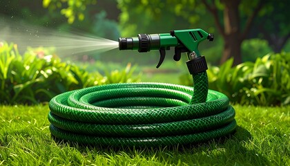 A coiled green hose with a spraying nozzle, sitting on green grass
