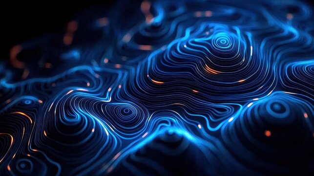 Glowing blue and orange neon topographic lines creating a futuristic digital landscape with swirling contours and depth