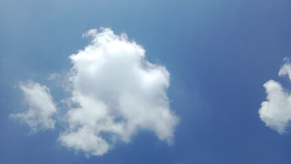 Bright blue summer sky with fluffy white cumulus clouds, perfect for background or weather themes.