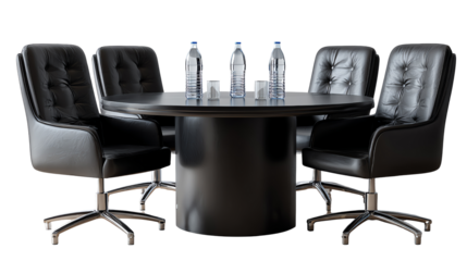 Corporate Conference Setup: An inviting conference room setup showcasing sleek black leather chairs encircling a stylish round table, adorned with refreshing water bottles and elegant glasses