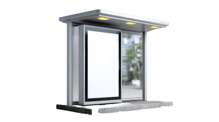Advertising and Waiting: A contemporary bus shelter, with its minimalist design and modern advertising display, stands ready, offering both shelter and a platform for information.
