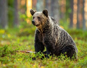 Obraz premium A majestic, brown bear sits alert in a sun-dappled forest scene