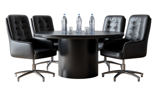 Corporate Conference Setup: An inviting conference room setup showcasing sleek black leather chairs encircling a stylish round table, adorned with refreshing water bottles and elegant glasses