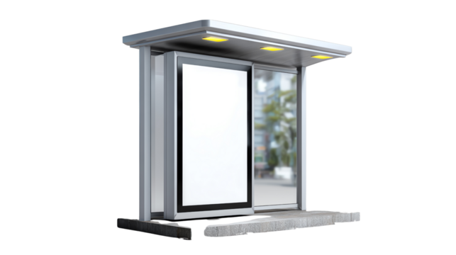 Advertising and Waiting: A contemporary bus shelter, with its minimalist design and modern advertising display, stands ready, offering both shelter and a platform for information.
