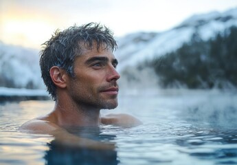 Man relaxing in a hot spring pool surrounded by snowy mountains and mist during cold weather