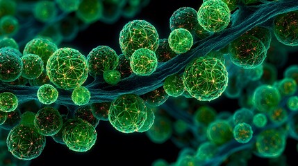 Glowing green spheres with intricate networks attached to a dark filament.