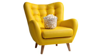 Cozy Corner: A vibrant yellow armchair, adorned with a tub of popcorn, beckons viewers into a world of comfort and cinematic delight, perfect for leisure.